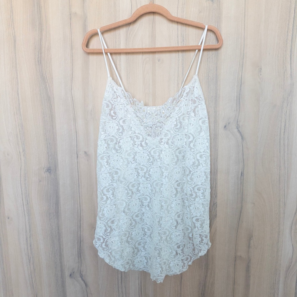Vintage Intimate Moods Womens Lace Sheer Cami Top L Ivory Sequin Beaded Coquette